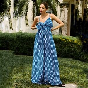 Hutch Gingham Bow Front Wide Leg Jumpsuit Blue White XS Smocked Straps